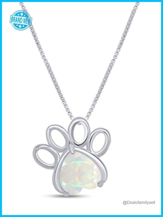 Jewelry - Heart Cut Created White Opal Paw Print Pendant Necklace 14k White Gold Plated